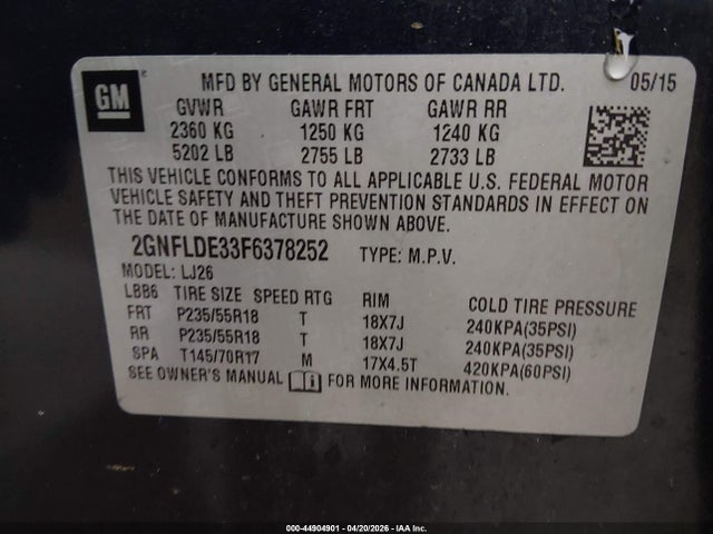 44904901 :رقم المزاد ، 2GNFLDE33F6378252 vin ، 2015 Chevrolet Equinox Ltz مزاد بيع