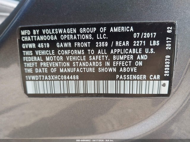 44904902 :رقم المزاد ، 1VWDT7A3XHC084488 vin ، 2017 Volkswagen Passat 1.8t R-line مزاد بيع