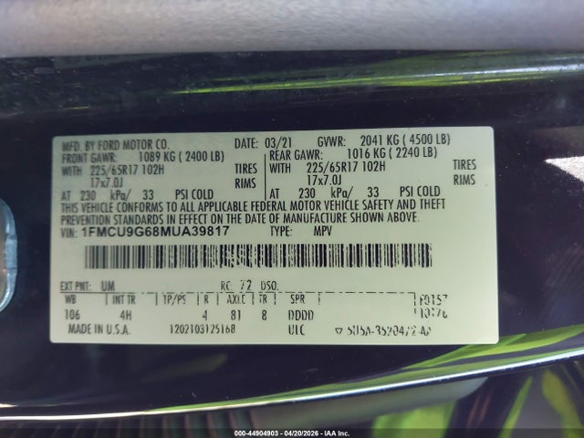 Aukcja sprzedaży 2021 Ford Escape Se, vin: 1FMCU9G68MUA39817, numer aukcji: 44904903