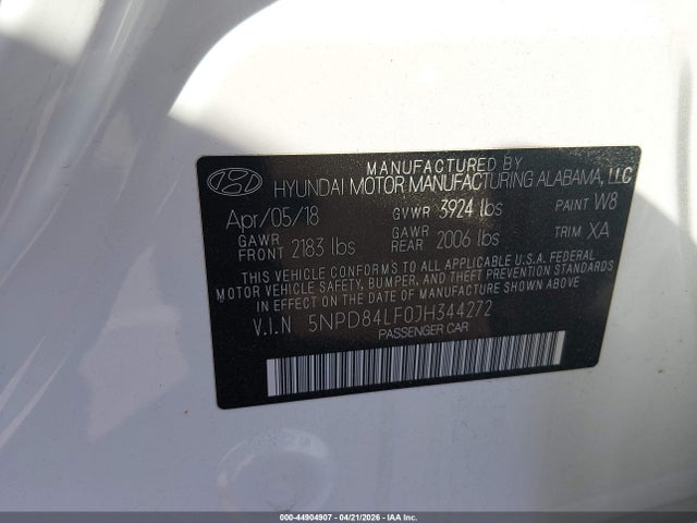 44904907 :رقم المزاد ، 5NPD84LF0JH344272 vin ، 2018 Hyundai Elantra Sel مزاد بيع