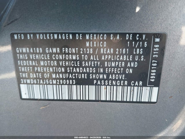 44904923 :رقم المزاد ، 3VWD67AJ5GM290983 vin ، 2016 Volkswagen Jetta 1.4t Se مزاد بيع