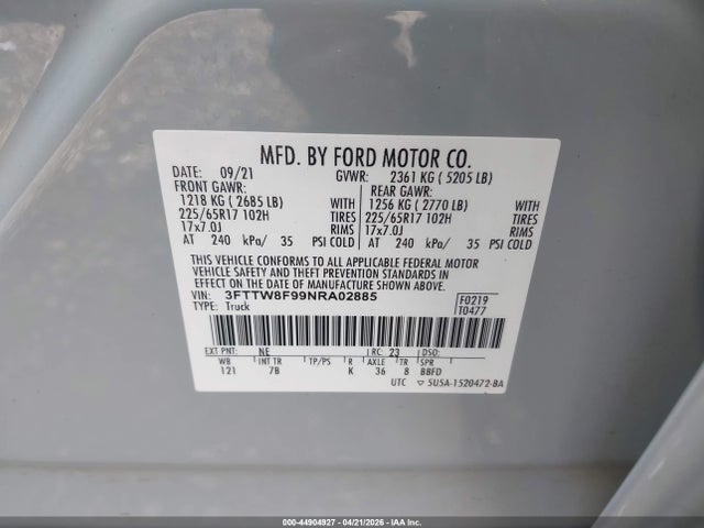 Aukcja sprzedaży 2022 Ford Maverick Xlt, vin: 3FTTW8F99NRA02885, numer aukcji: 44904927