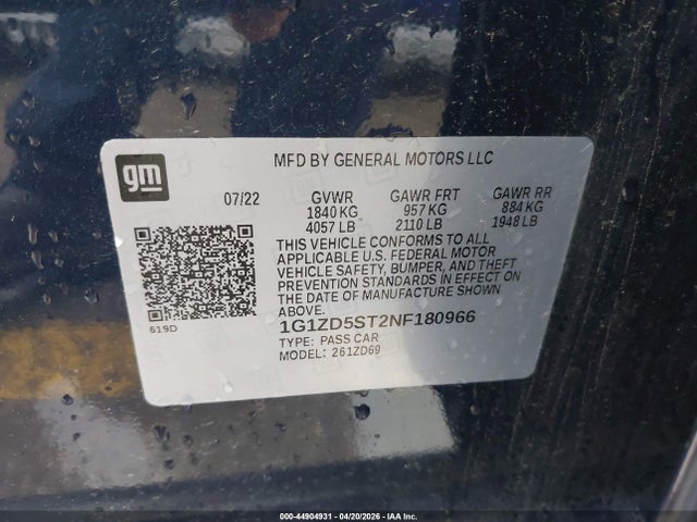 Aukcja sprzedaży 2022 Chevrolet Malibu Fwd Lt, vin: 1G1ZD5ST2NF180966, numer aukcji: 44904931