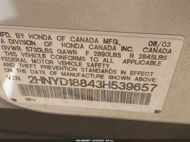 44904937 :رقم المزاد ، 2HNYD18843H539657 vin ، 2003 Acura Mdx مزاد بيع