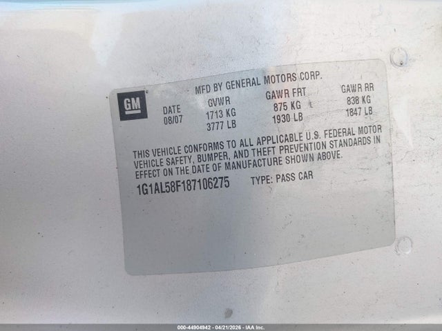 Aukcja sprzedaży 2008 Chevrolet Cobalt Lt, vin: 1G1AL58F187106275, numer aukcji: 44904942