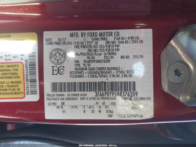 44904946 :رقم المزاد ، 3FA6P0T95HR376209 vin ، 2017 Ford Fusion Se مزاد بيع