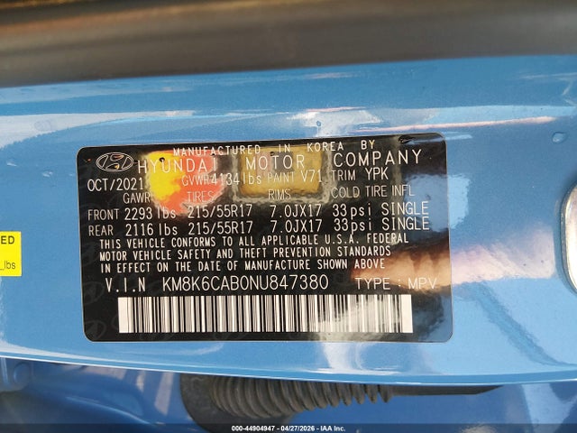 Продажа на аукционе авто 2022 Hyundai Kona Sel, vin: KM8K6CAB0NU847380, номер лота: 44904947