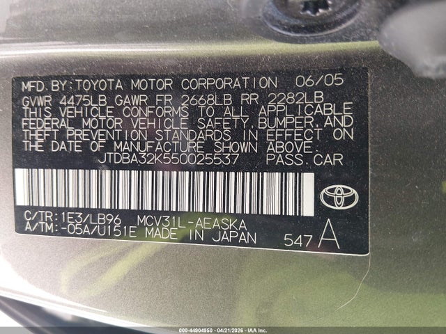 44904950 :رقم المزاد ، JTDBA32K550025537 vin ، 2005 Toyota Camry Se V6 مزاد بيع
