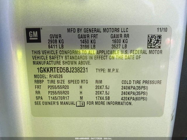 Продаж на аукціоні авто 2011 Gmc Acadia Denali, vin: 1GKKRTED5BJ238231, номер лоту: 44904955