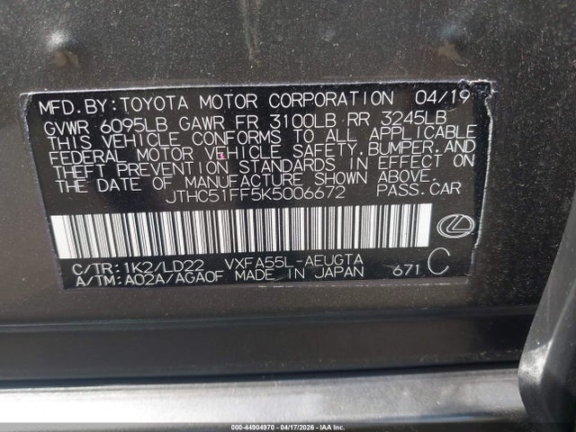 Aukcja sprzedaży 2019 Lexus Ls 500, vin: JTHC51FF5K5006672, numer aukcji: 44904970