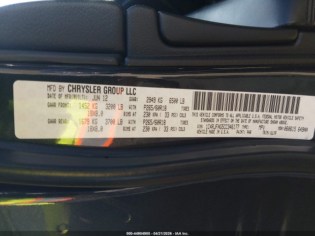 2012 Jeep Grand Cherokee Laredo მანქანა იყიდება აუქციონზე, vin: 1C4RJFAG5CC346177, აუქციონის ნომერი: 44904985