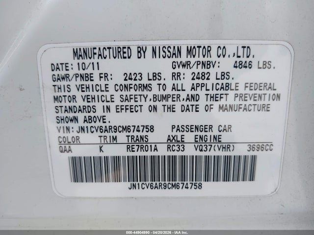 Aukcja sprzedaży 2012 Infiniti G37x, vin: JN1CV6AR9CM674758, numer aukcji: 44904990