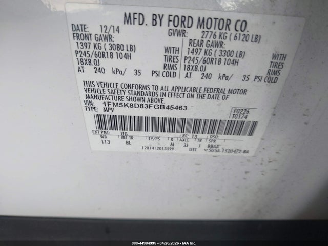 44904995 :رقم المزاد ، 1FM5K8D83FGB45463 vin ، 2015 Ford Explorer Xlt مزاد بيع