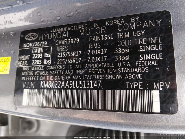 44905001 :رقم المزاد ، KM8K22AA9LU513147 vin ، 2020 Hyundai Kona Sel مزاد بيع