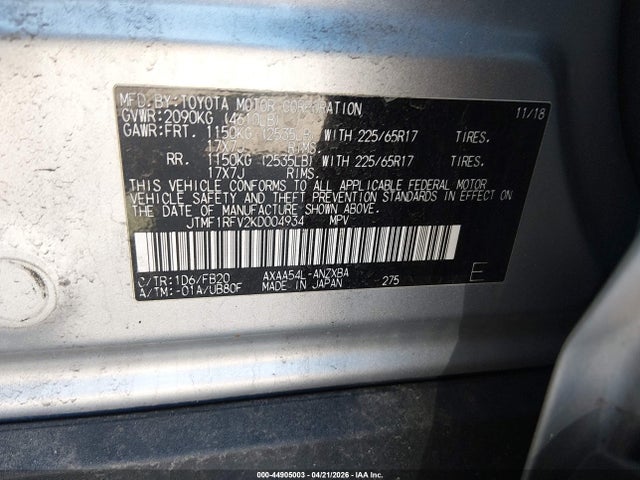 2019 Toyota Rav4 Le მანქანა იყიდება აუქციონზე, vin: JTMF1RFV2KD004934, აუქციონის ნომერი: 44905003