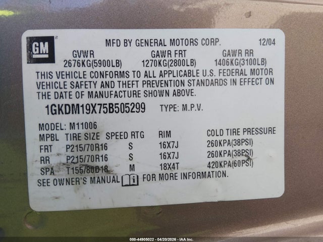 2005 Gmc Safari მანქანა იყიდება აუქციონზე, vin: 1GKDM19X75B505299, აუქციონის ნომერი: 44905022