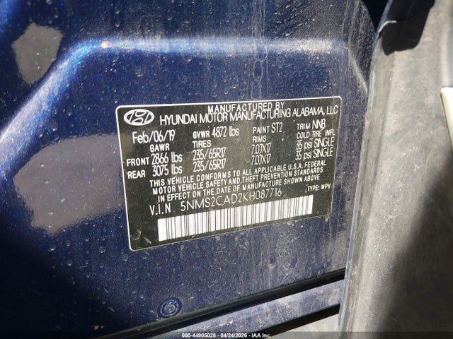 Продаж на аукціоні авто 2019 Hyundai Santa Fe Se, vin: 5NMS2CAD2KH087716, номер лоту: 44905028