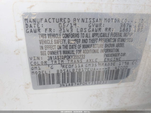 44905038 :رقم المزاد ، 3N1AB7AP0KY355233 vin ، 2019 Nissan Sentra S مزاد بيع