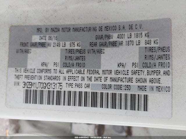 Продажа на аукционе авто 2016 Mazda Mazda3 I Sport, vin: 3MZBM1U70GM313175, номер лота: 44905043