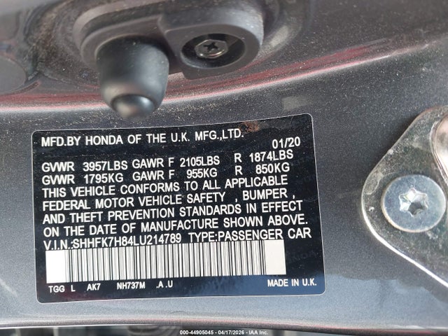 SHHFK7H84LU214789 Honda Civic Ex-l