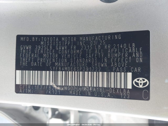 Продажа на аукционе авто 2025 Toyota Corolla Le, vin: 5YFB4MDE6SP291722, номер лота: 44905047
