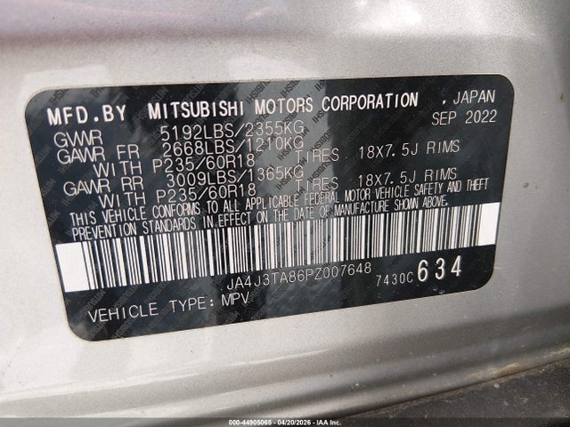 Продажа на аукционе авто 2023 Mitsubishi Outlander Es 2.5 2wd, vin: JA4J3TA86PZ007648, номер лота: 44905065