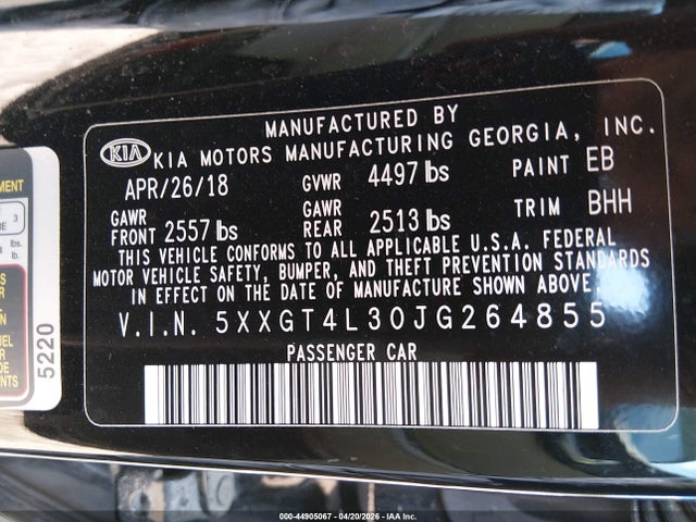 Продаж на аукціоні авто 2018 Kia Optima Lx, vin: 5XXGT4L30JG264855, номер лоту: 44905067