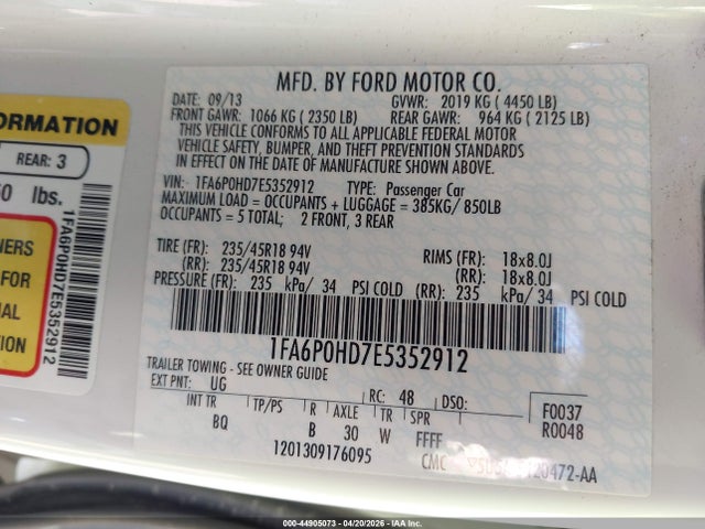 44905073 :رقم المزاد ، 1FA6P0HD7E5352912 vin ، 2014 Ford Fusion Se مزاد بيع
