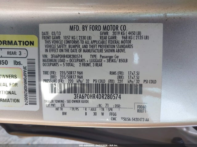 44905080 :رقم المزاد ، 3FA6P0HR4DR280574 vin ، 2013 Ford Fusion Se مزاد بيع