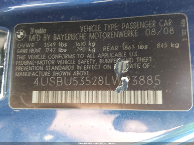 44905088 :رقم المزاد ، 4USBU53528LW93885 vin ، 2008 Bmw Z4 3.0si مزاد بيع