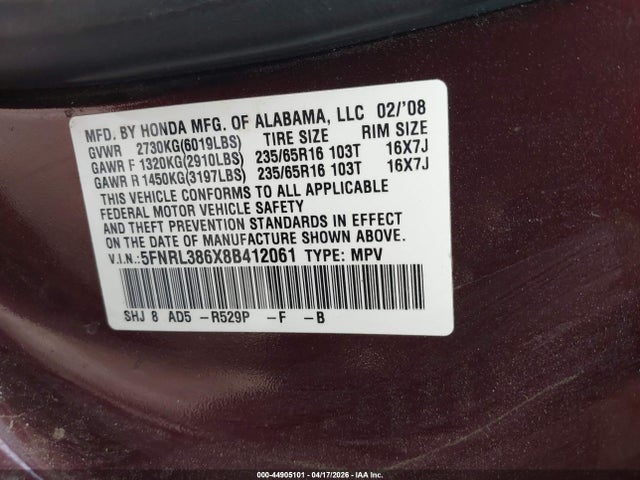 2008 Honda Odyssey Ex-l მანქანა იყიდება აუქციონზე, vin: 5FNRL386X8B412061, აუქციონის ნომერი: 44905101