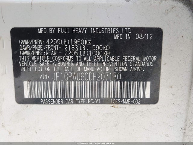 Auction sale of the 2013 Subaru Impreza 2.0i Sport Limited, vin: JF1GPAU60DH207130, lot number: 44905102