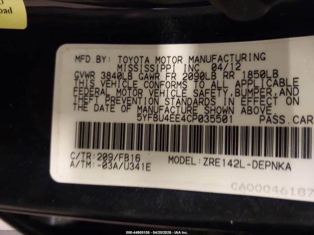 Aukcja sprzedaży 2012 Toyota Corolla Le, vin: 5YFBU4EE4CP035501, numer aukcji: 44905108