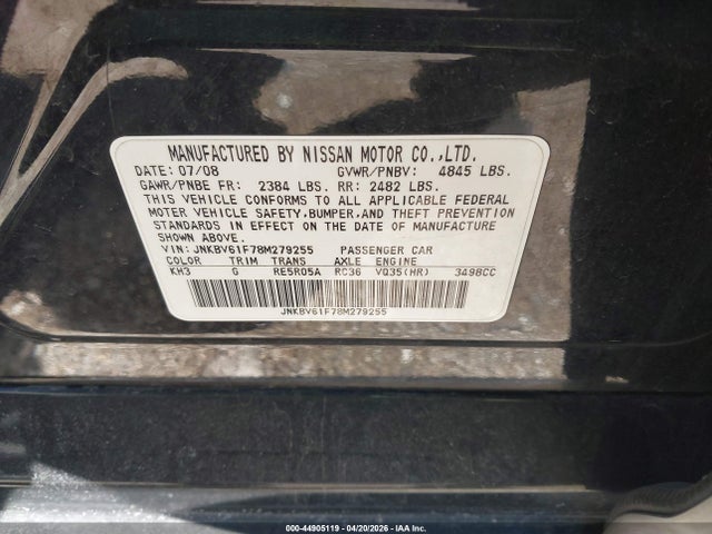 2008 Infiniti G35x მანქანა იყიდება აუქციონზე, vin: JNKBV61F78M279255, აუქციონის ნომერი: 44905119