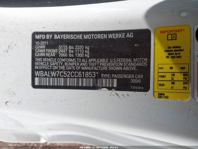 44905121 :رقم المزاد ، WBALW7C52CC618531 vin ، 2012 Bmw 640i مزاد بيع