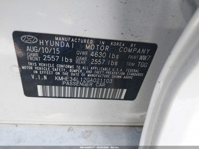 Продаж на аукціоні авто 2016 Hyundai Sonata Hybrid Limited, vin: KMHE34L12GA021103, номер лоту: 44905127