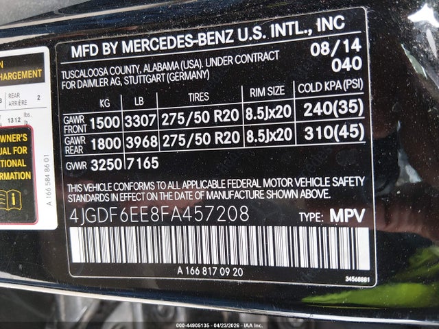 44905135 :رقم المزاد ، 4JGDF6EE8FA457208 vin ، 2015 Mercedes-benz Gl 450 4matic مزاد بيع