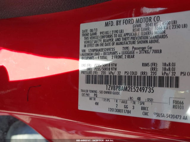 44905141 :رقم المزاد ، 1ZVBP8AM2E5249735 vin ، 2014 Ford Mustang V6 Premium مزاد بيع