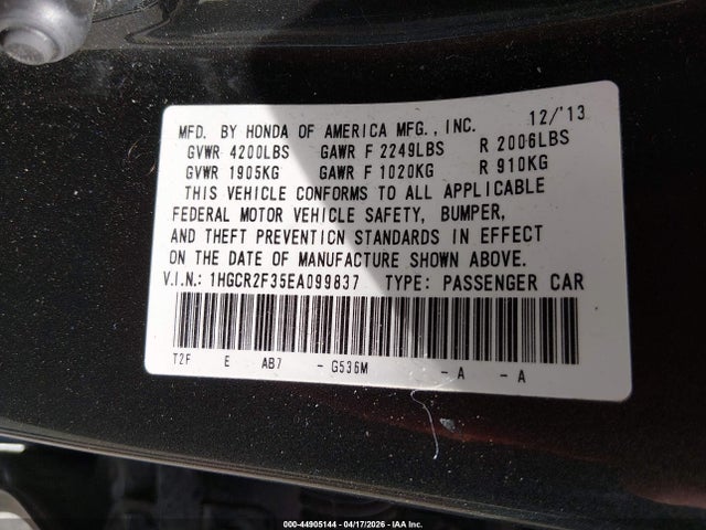 44905144 :رقم المزاد ، 1HGCR2F35EA099837 vin ، 2014 Honda Accord Lx مزاد بيع