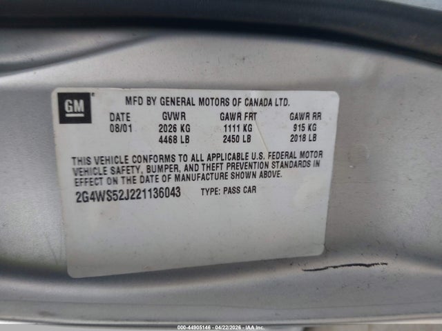 44905146 :رقم المزاد ، 2G4WS52J221136043 vin ، 2002 Buick Century Custom مزاد بيع