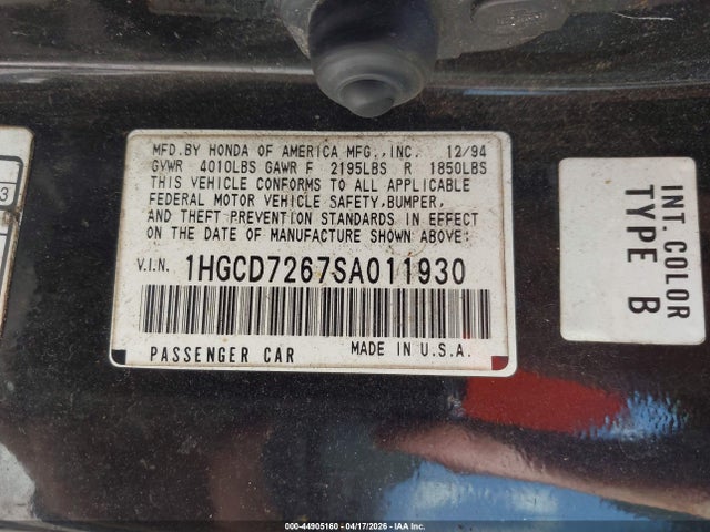 44905160 :رقم المزاد ، 1HGCD7267SA011930 vin ، 1995 Honda Accord Ex مزاد بيع