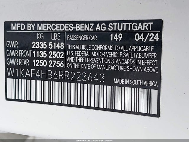 Aukcja sprzedaży 2024 Mercedes-benz C 300, vin: W1KAF4HB6RR223643, numer aukcji: 44905163