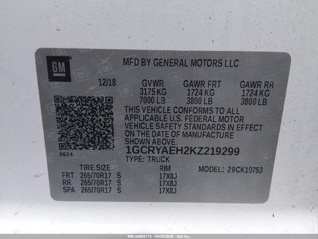 1GCRYAEH2KZ219299 Chevrolet Silverado 1500 Work Truck