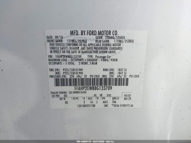 2011 FORD TAURUS 1FAHP2EW8BG133709 Photo 8
