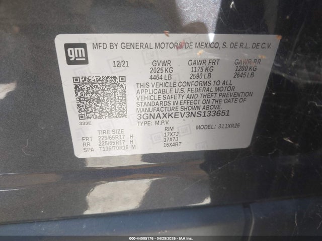 3GNAXKEV3NS133651 Chevrolet Equinox Fwd Lt