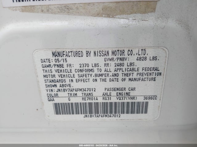44905183 :رقم المزاد ، JN1BV7AP4FM347012 vin ، 2015 Infiniti Q50 Premium مزاد بيع
