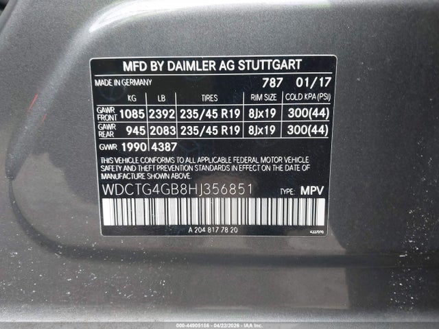 2017 Mercedes-benz Gla 250 4matic მანქანა იყიდება აუქციონზე, vin: WDCTG4GB8HJ356851, აუქციონის ნომერი: 44905186