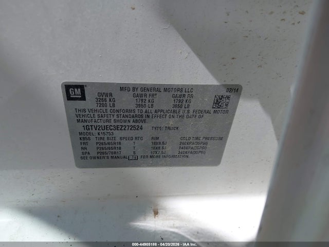 Aukcja sprzedaży 2014 Gmc Sierra 1500 Sle, vin: 1GTV2UEC3EZ272524, numer aukcji: 44905188