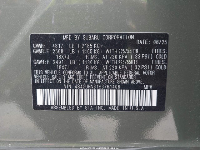 44905206 :رقم المزاد ، 4S4GUHN61S3761406 vin ، 2025 Subaru Crosstrek Limited مزاد بيع