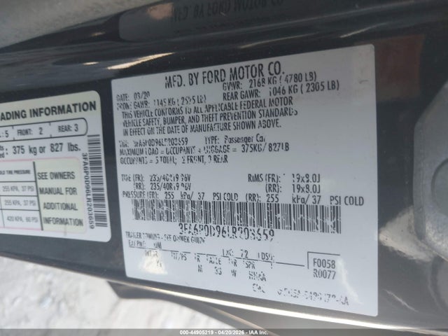 44905219 :رقم المزاد ، 3FA6P0D96LR203659 vin ، 2020 Ford Fusion Titanium مزاد بيع